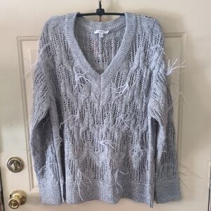Chico's Feather Detail V-Neck Open Weave Sweater, Grey With Silver Threads